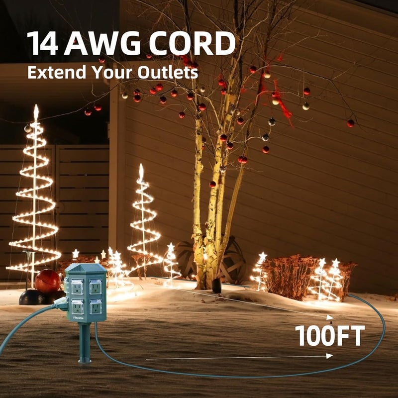 Flexoria Outdoor Power Stake Timer, Remote Control Dusk to Dawn Light Timer, 100 FT Extension Cord Waterproof, 6 Grounded Outlets for Outdoor Christmas Decorations, ETL Listed - Image 3